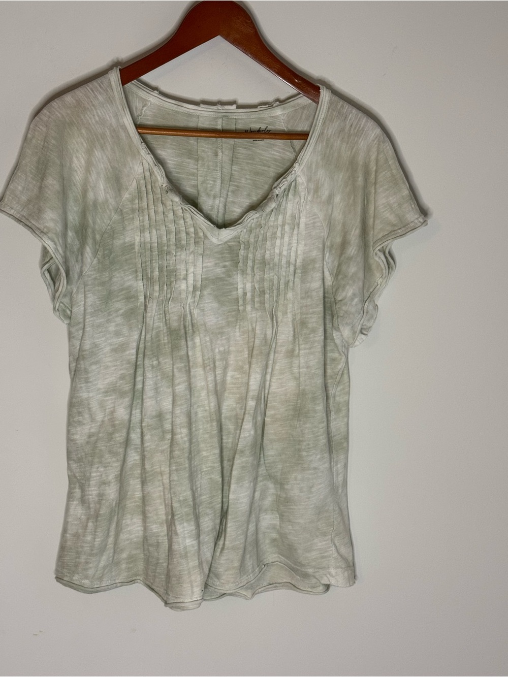 Wonderly Light Sage V-Neck Pintuck Short Sleeve Top